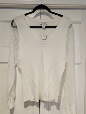 NWT - White House Black Market V-Neck Ribbed Sweater with Lace Sleeves
